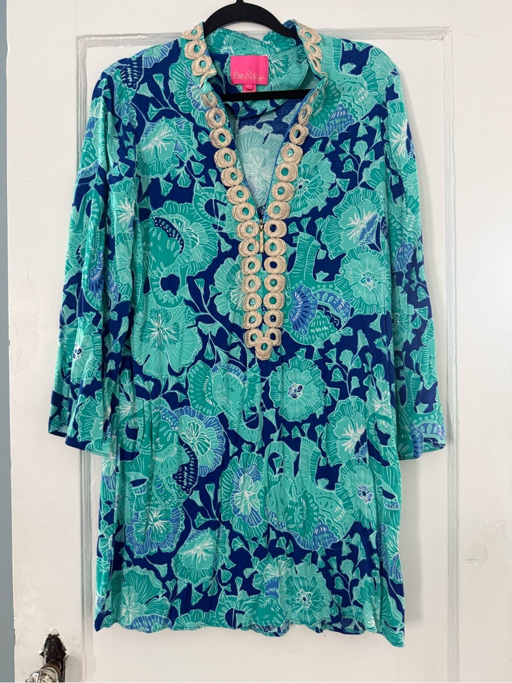 Lilly Pulitzer Teal & Navy Floral Embellished V-Neck Tunic Dress